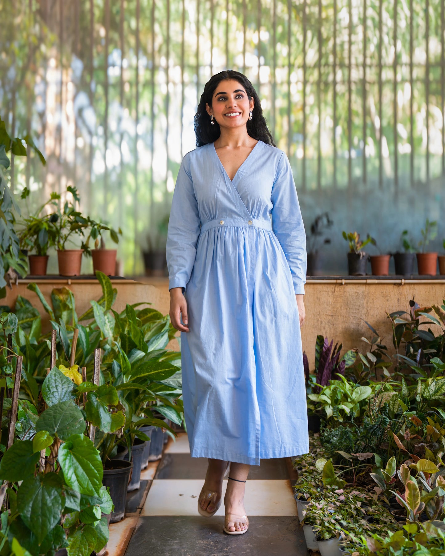 Eloise Blue Fit and Flare Slub Cotton Wrap Dress
