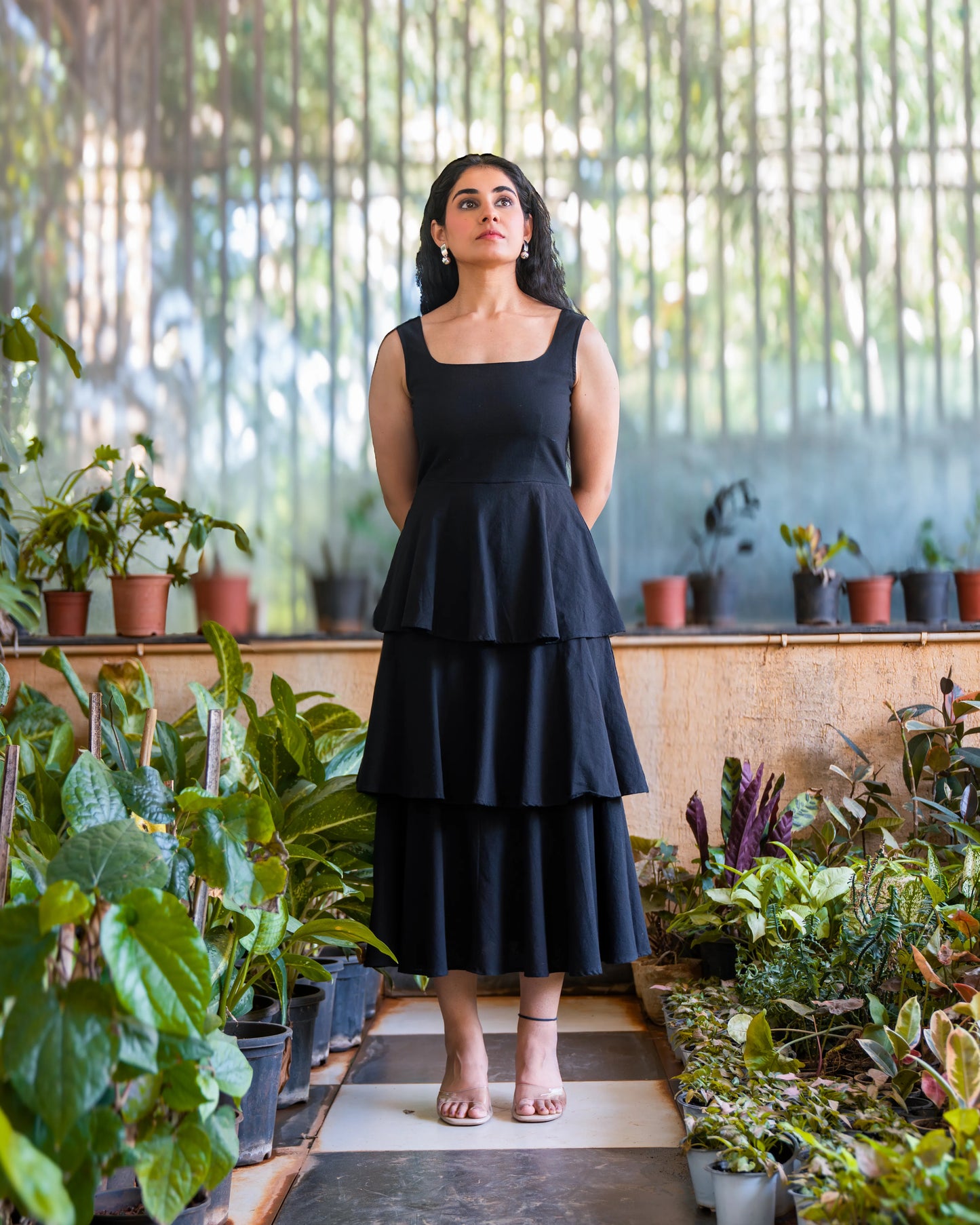 Nina Black Frilled Cotton Midi Dress