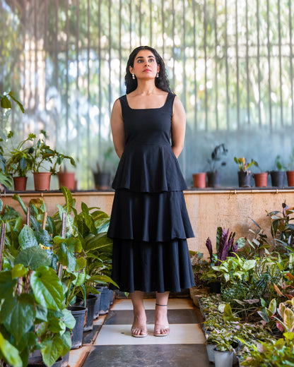 Nina Black Frilled Cotton Midi Dress