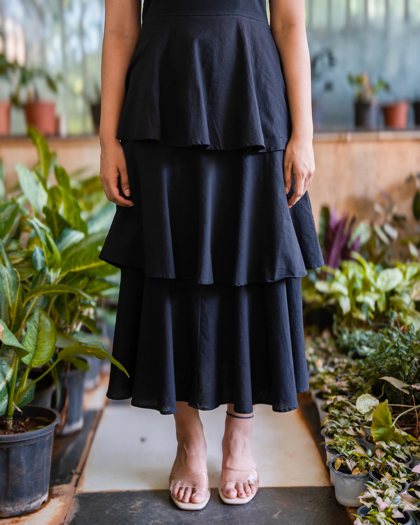 Nina Black Frilled Cotton Midi Dress