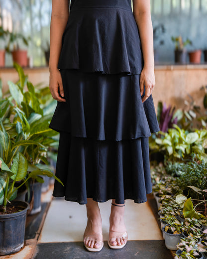 Nina Black Frilled Cotton Midi Dress