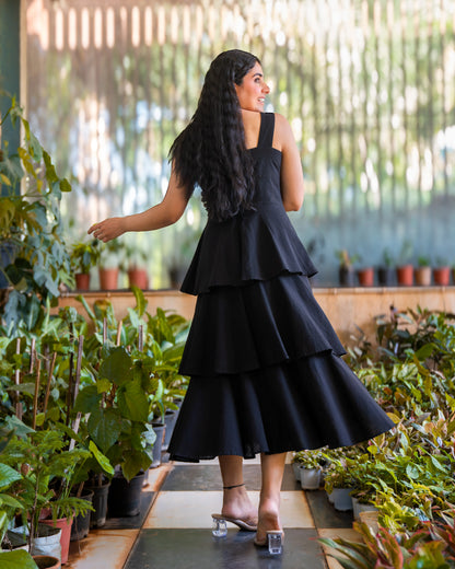 Nina Black Frilled Cotton Midi Dress