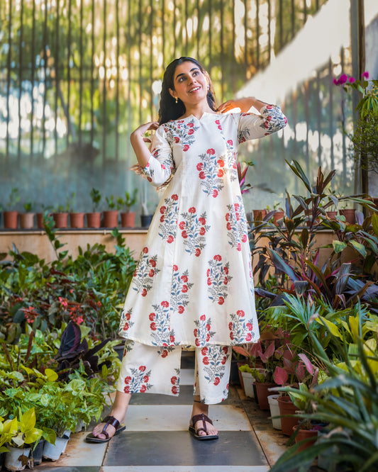 Aashi Ivory Cotton Kurta set with Flared pants