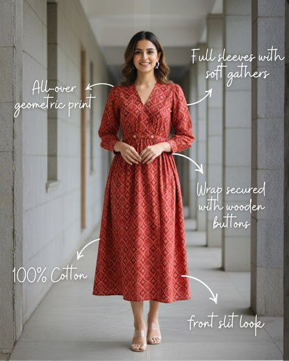 Hailey Red Fit and Flare Cotton Wrap Dress