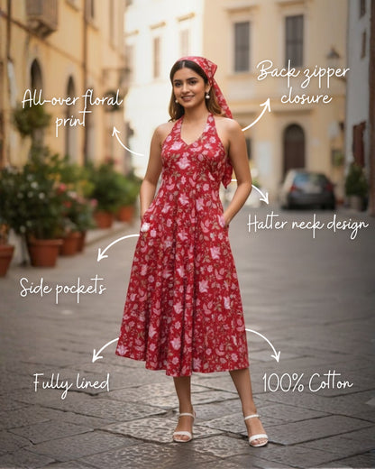 April Red Handblock Floral Print Cotton Midi Dress