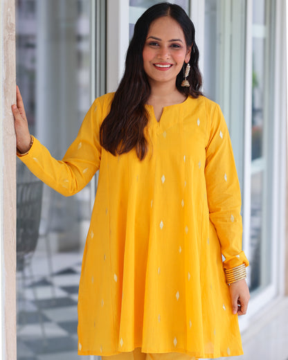 Kesar Yellow Cotton Lurex Short Kurta Set