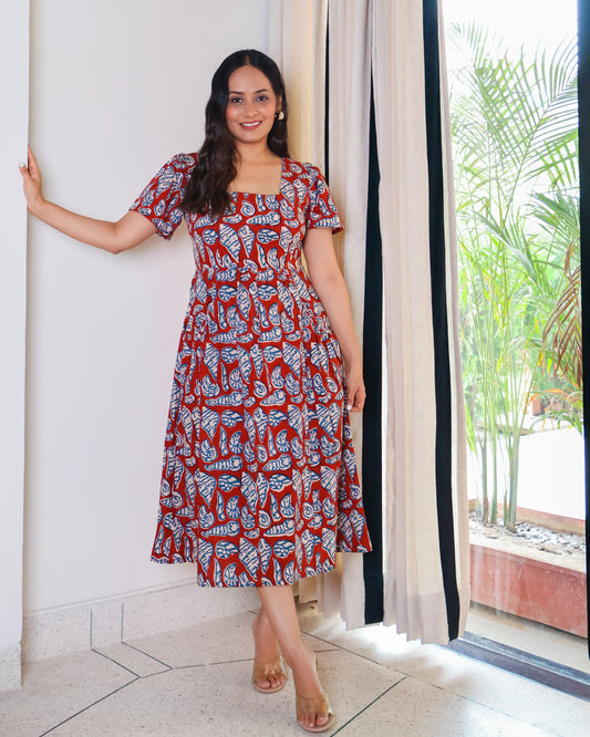 Shell Fit-and-Flare HandBlock Print Midi Dress