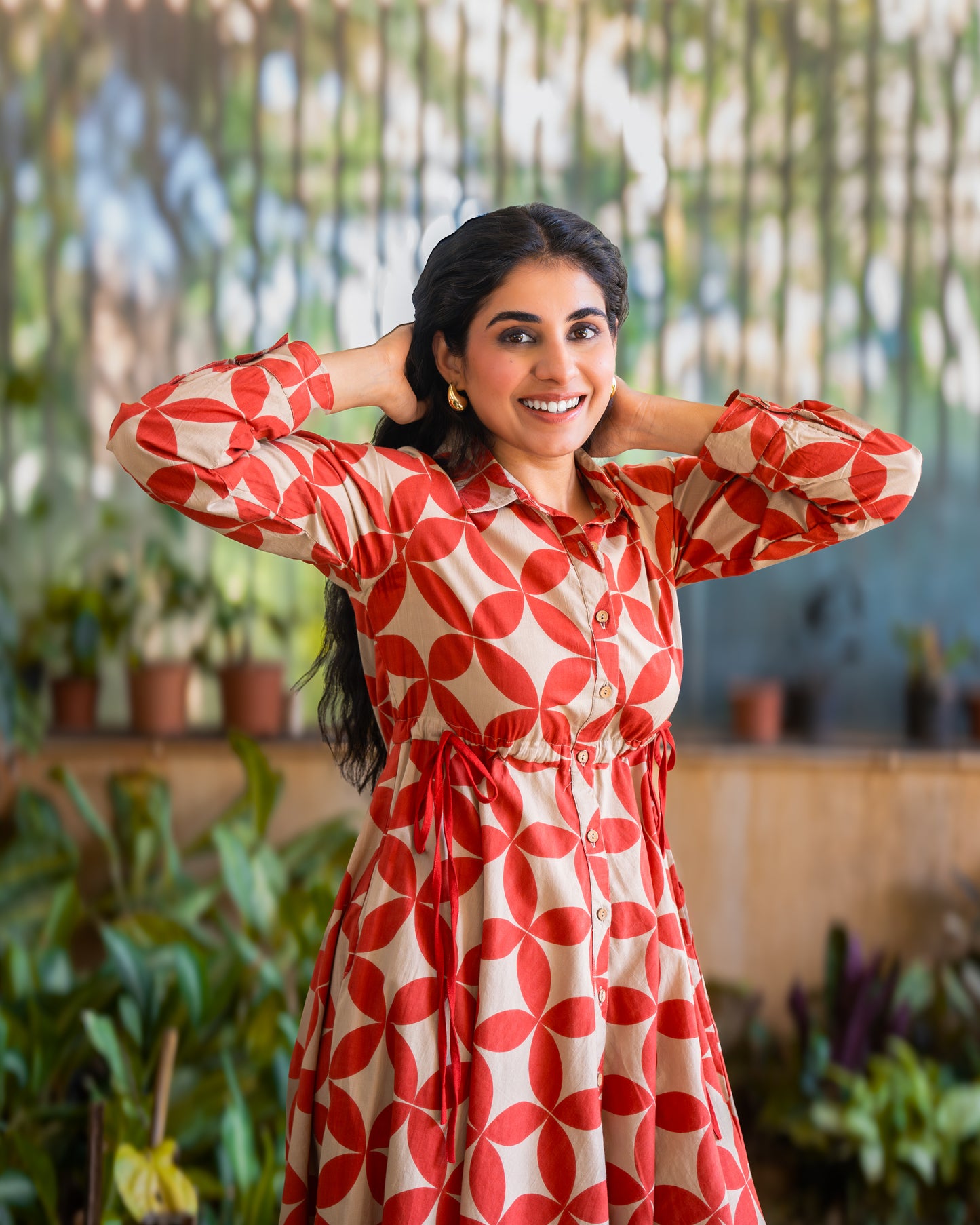 Blair Red Button-down Circular Midi Dress