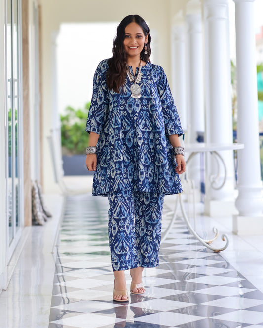 Kavya Blue Ikat Print Short Cotton Kurta Set