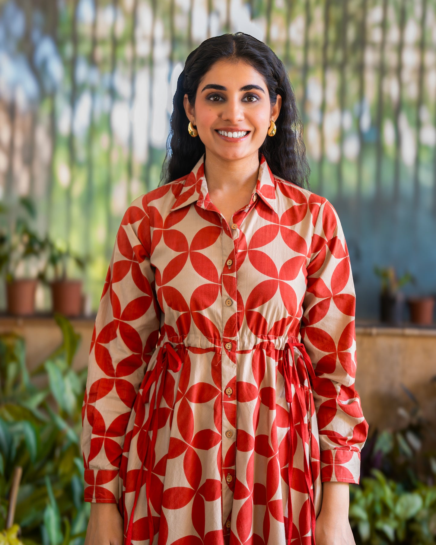 Blair Red Button-down Circular Midi Dress