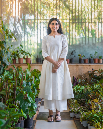 Saphed White Cotton A-line kurta