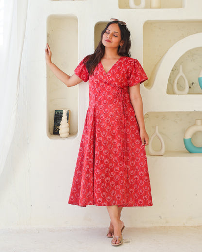 Eleanor Red Handblock Print Wrap Dress