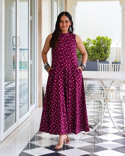 Aditi Purple Bandhani Print Cotton Maxi Dress