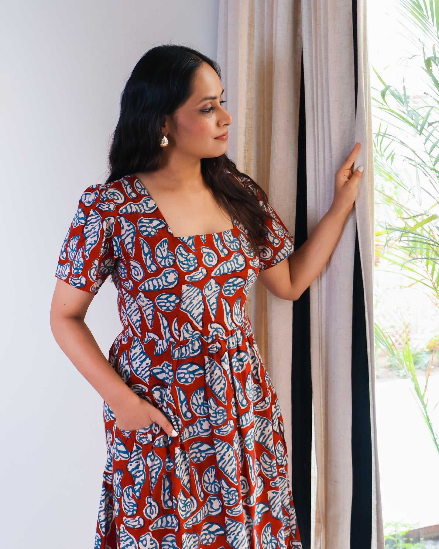 Shell Fit-and-Flare HandBlock Print Midi Dress