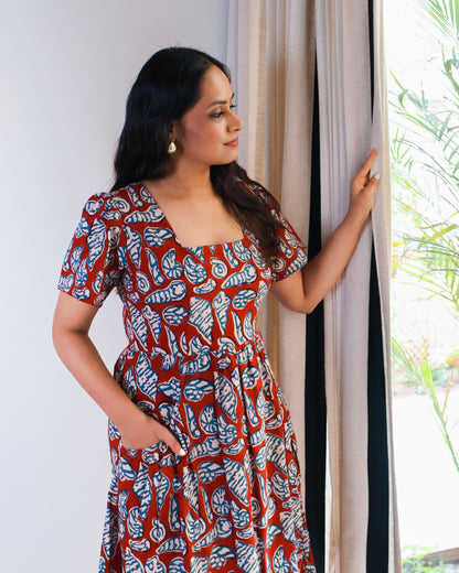 Shell Fit-and-Flare HandBlock Print Midi Dress