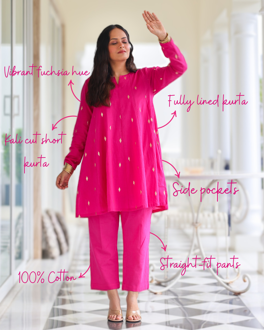 Rani Pink Cotton Lurex Short Kurta Set