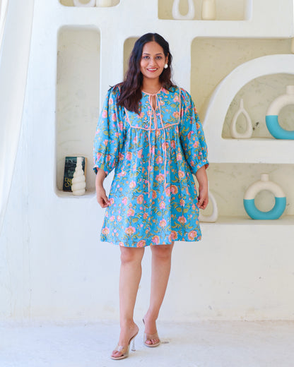 Katie Blue Puff Sleeves HandBlock Print Short Dress