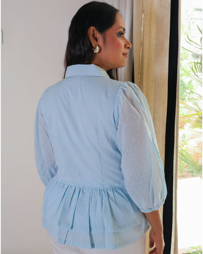 Angelina Collared Peplum Textured Cotton Top