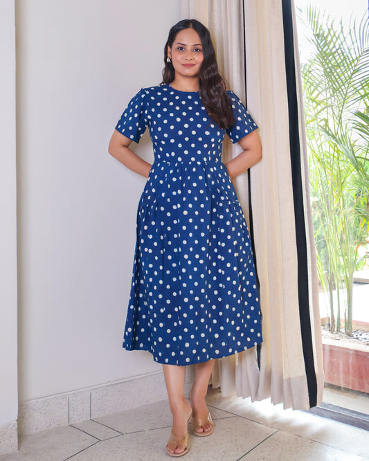 Stella Indigo Handblock Print Cotton Midi Dress