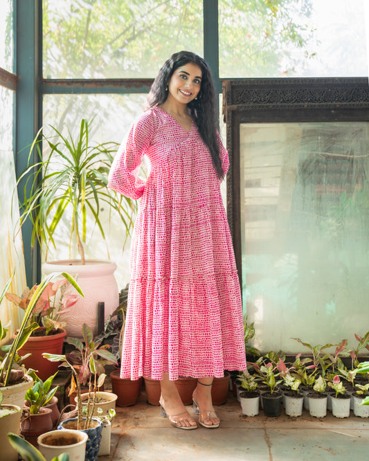 Rosette Pink Cotton Midi Dress