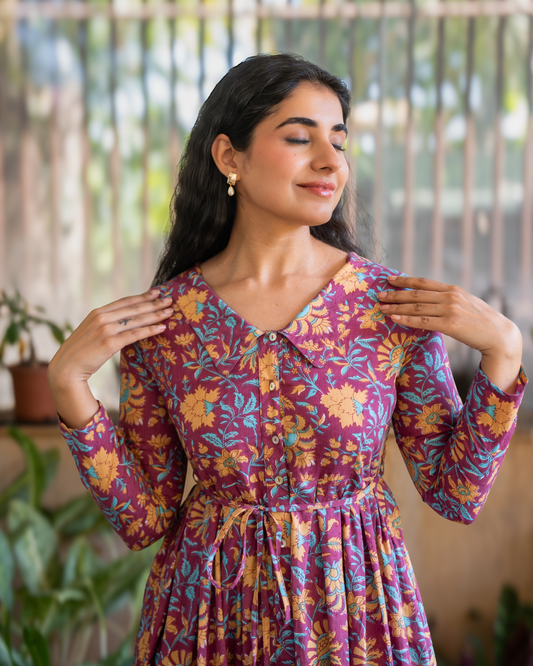 Nyra Purple Cotton Midi Dress