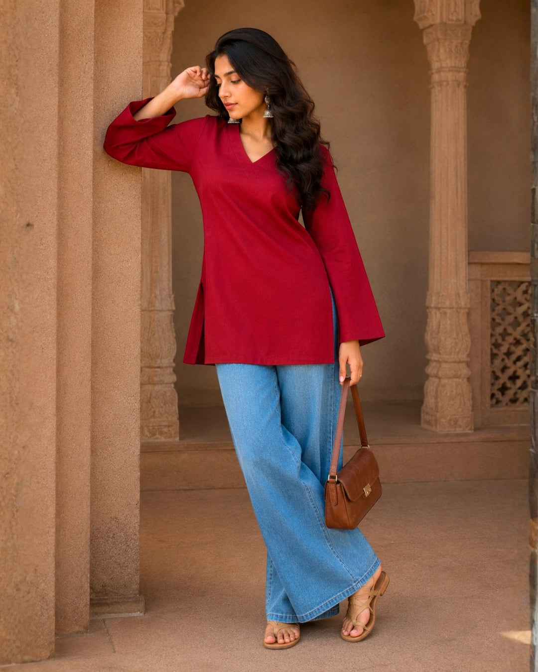 Emma Red Cotton Sleeved Short Kurti