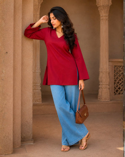 Emma Red Cotton Sleeved Short Kurti