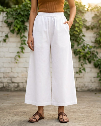 White Cotton Flared Cropped Pants