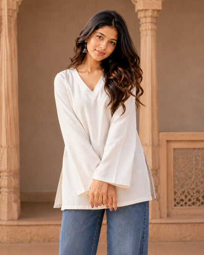 Saphed White Cotton Sleeved Short Kurti