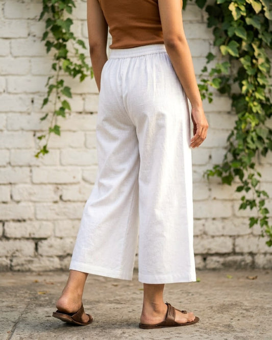 White Cotton Flared Cropped Pants