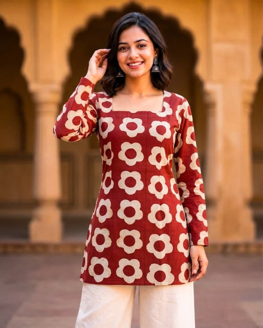 Zohra Red HandBlock Print Corset Back Short kurti