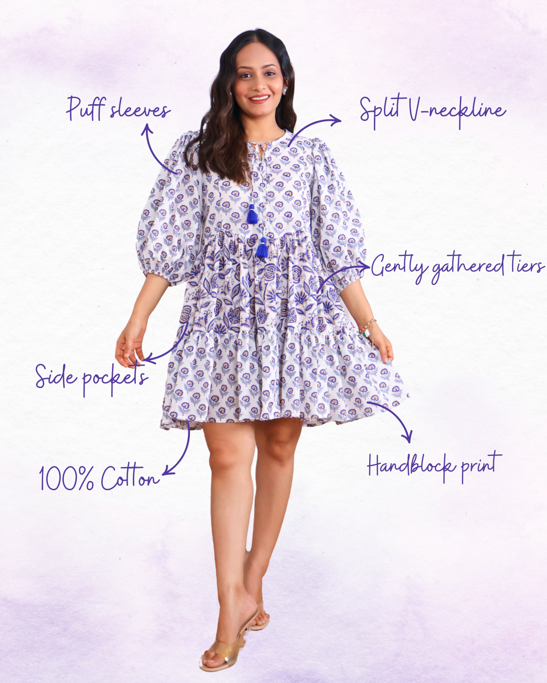 Tessa Puff Sleeves HandBlock Print Cotton Short Dress
