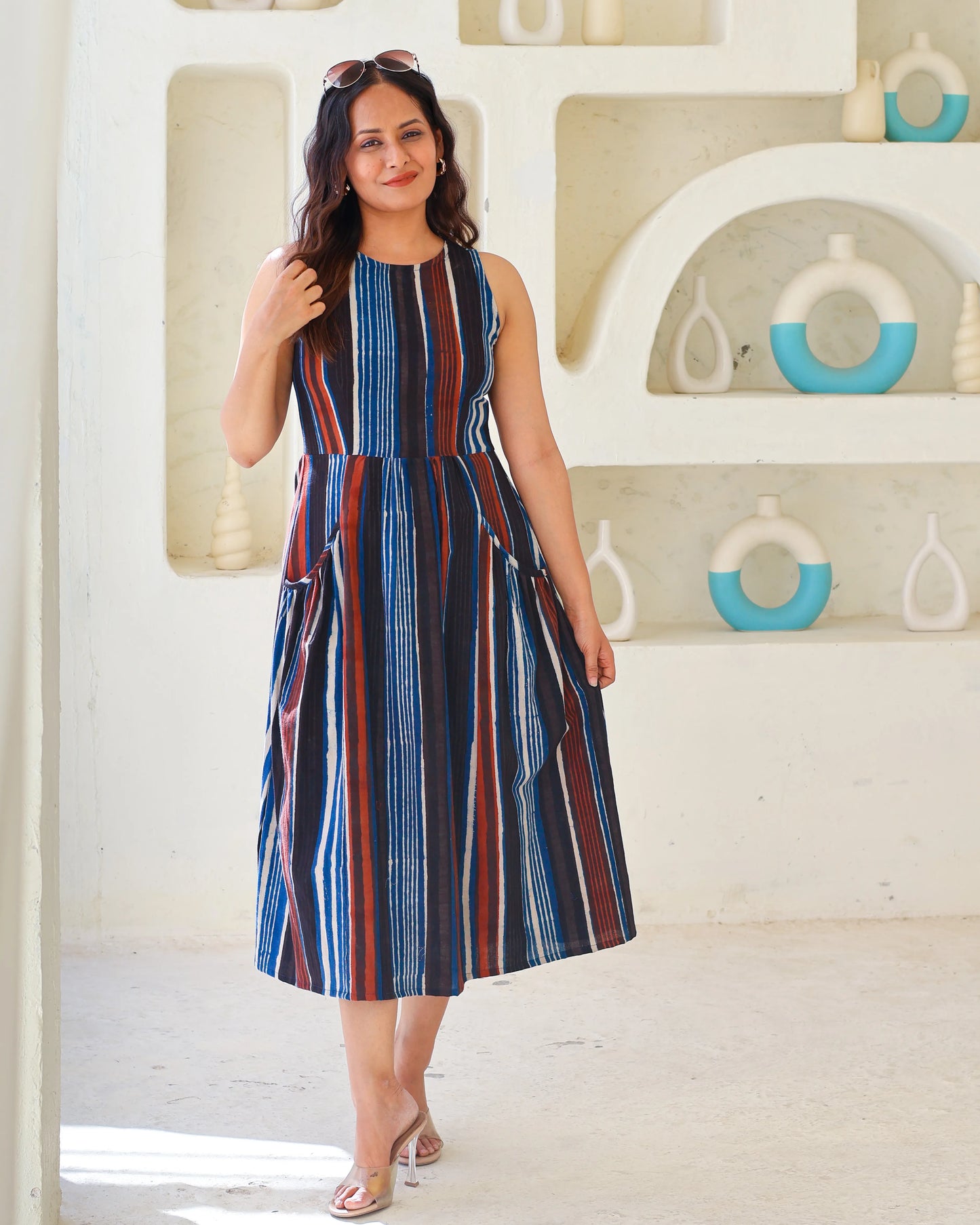 Megan Striped Jahota HandBlock Print Midi Dress