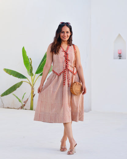 Sarah Red Striped HandBlock Bagru Print Vest Skirt Set