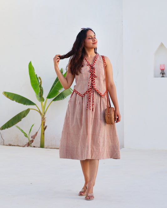 Sarah Red Striped HandBlock Bagru Print Vest Skirt Set