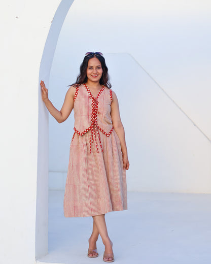 Sarah Red Striped HandBlock Bagru Print Vest Skirt Set