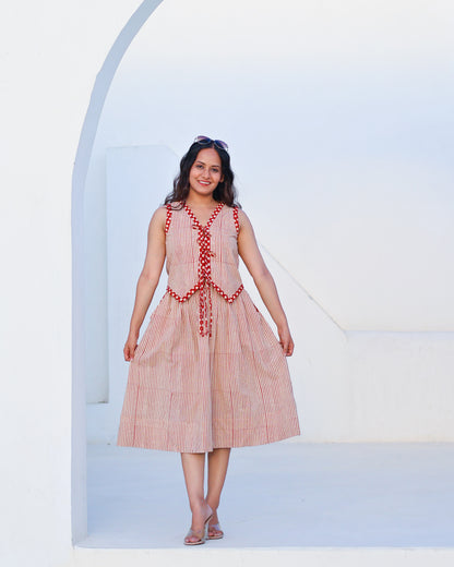 Sarah Red Striped HandBlock Bagru Print Vest Skirt Set
