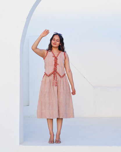 Sarah Red Striped HandBlock Bagru Print Vest Skirt Set