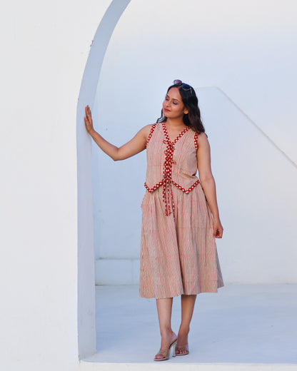 Sarah Red Striped HandBlock Bagru Print Vest Skirt Set