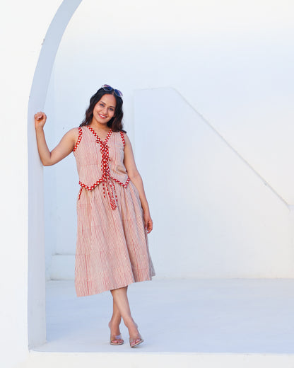 Sarah Red Striped HandBlock Bagru Print Vest Skirt Set