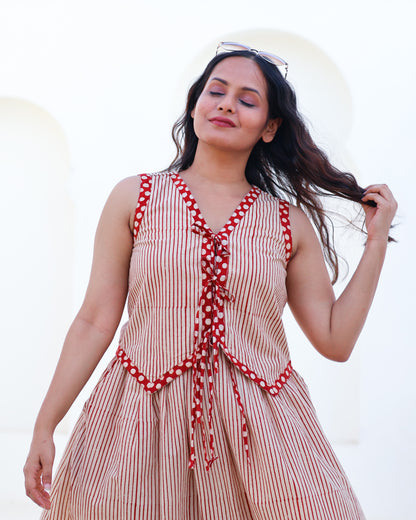 Sarah Red Striped HandBlock Bagru Print Vest Skirt Set