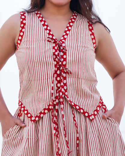 Sarah Red Striped HandBlock Bagru Print Vest Skirt Set
