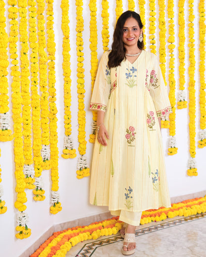 Chandramukhi Lemon Cotton Lurex Kurta Set