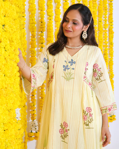 Chandramukhi Lemon Cotton Lurex Kurta Set