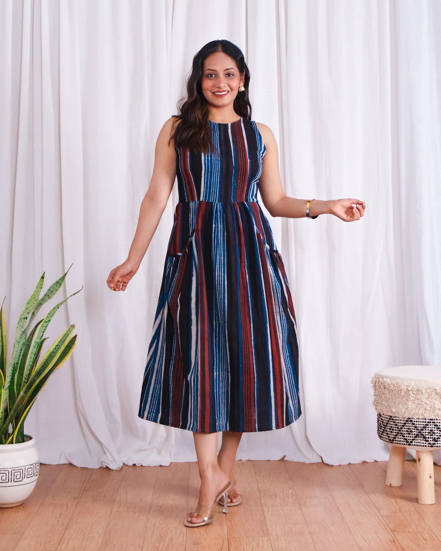Megan Striped Jahota HandBlock Print Midi Dress