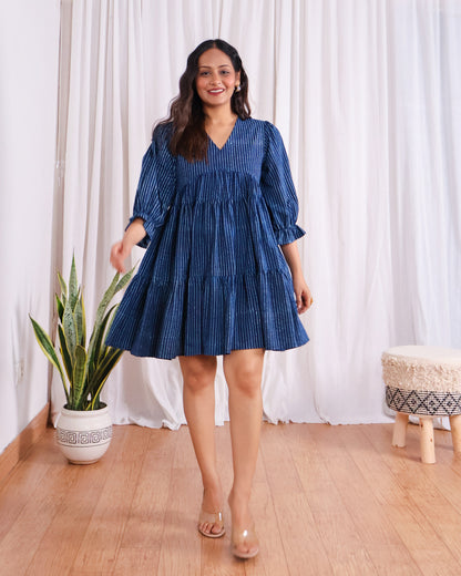 Kira Indigo Dabu HandBlock Print Tiered Short Dress