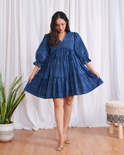 Kira Indigo Dabu HandBlock Print Tiered Short Dress