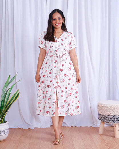 Rose White Floral Print Midi Dress