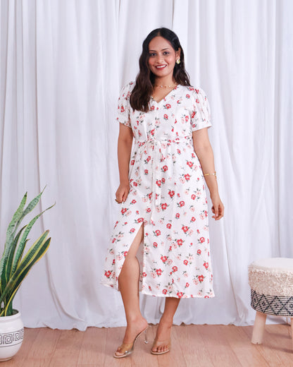 Rose White Floral Print Midi Dress