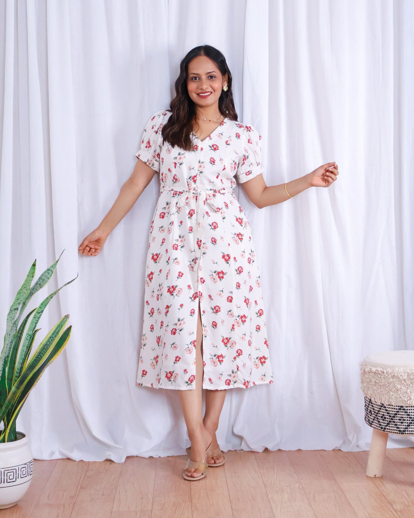 Rose White Floral Print Midi Dress
